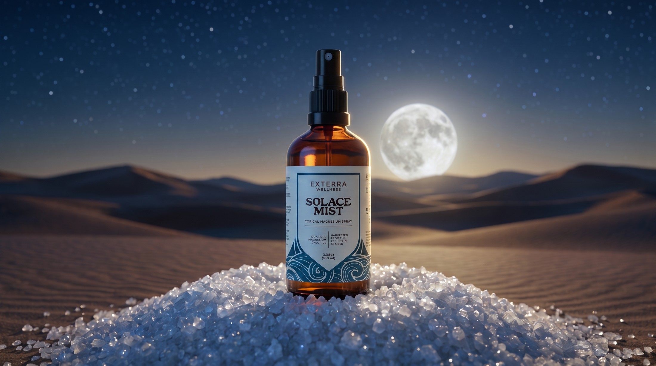 Solace Mist on a salt pile in the moonlit desert